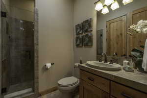 Bathroom with vanity and a shower stall