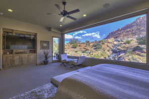 Bedroom featuring access to outside, carpet floors, a ceiling fan, and recessed lighting