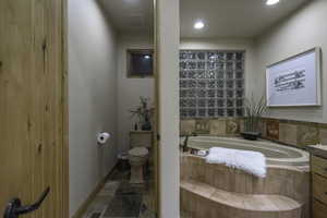 Full bathroom with a bath, vanity, and dark stone finish flooring