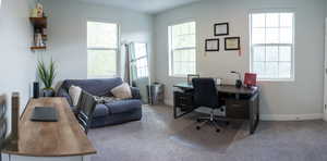 Carpeted office space with plenty of natural light