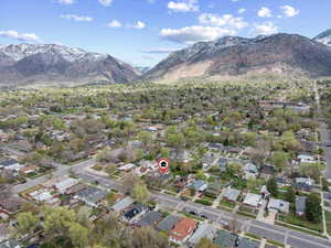 Aerial view of residential area with mountains