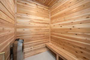 Relaxing sauna / steam room with wooden walls and wood ceiling