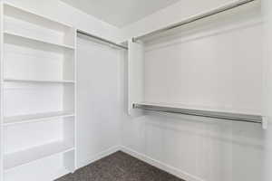 Walk in closet featuring dark colored carpet