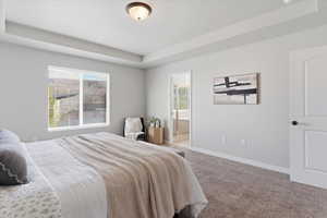 Carpeted bedroom with a tray ceiling and ensuite bathroom