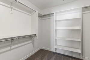Walk in closet featuring dark colored carpet