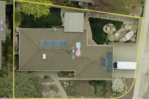 Aerial overview of property's location featuring property parcel outlined