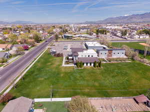 Aerial view of residential area with a mountain backdrop