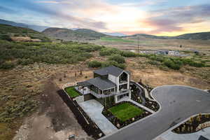 Aerial view at dusk of a mountain view