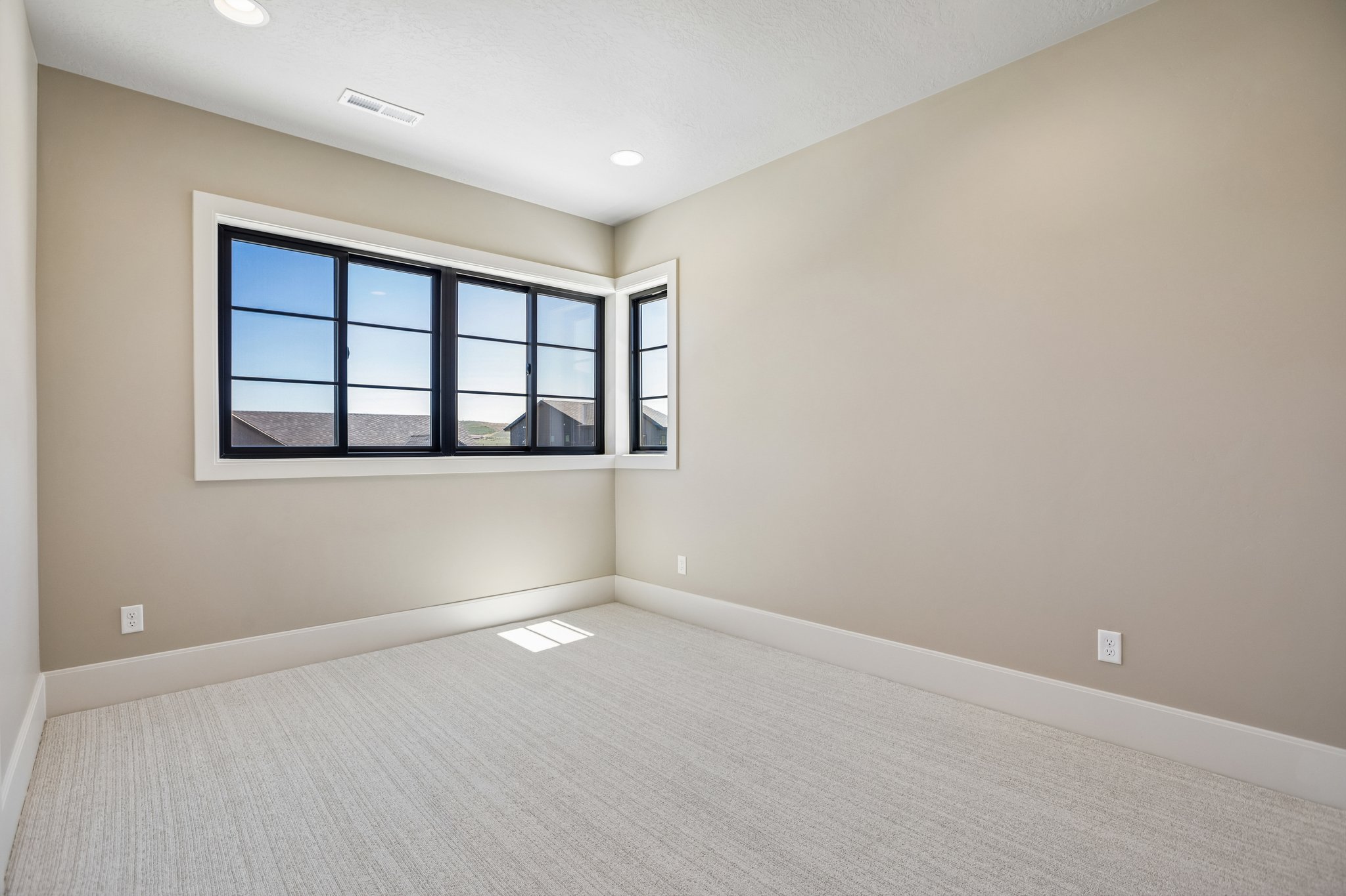 Window wall featuring black-framed windows, white trim, and light-toned carpeting
