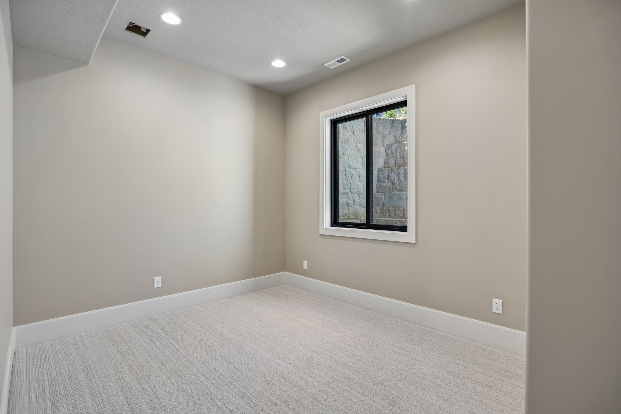 Light-toned carpeting and neutral wall paint define this room, featuring a single window with dark framing
