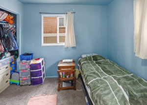 Carpeted room featuring a single window with vertical blinds, painted walls, and an open closet space
