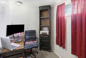 Room featuring white textured walls, grey carpet, and a flush mount ceiling light fixture