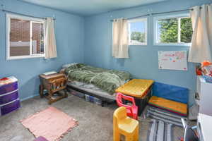 Interior room featuring light blue walls and neutral carpet flooring