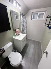 Bathroom with a textured wall, vanity, dark wood-type flooring, and curtained shower