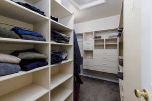 Walk in closet with dark carpet