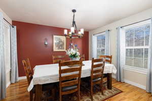 Dining room featuring light wood-type flooring and suspended lighting