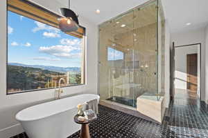 Bathroom featuring a freestanding tub, a mountain view, a shower stall, a relaxing sauna, and recessed lighting