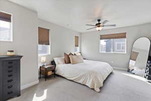 Carpeted bedroom featuring multiple windows and ceiling fan