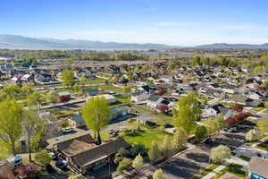 Aerial view of residential area with a mountainous background