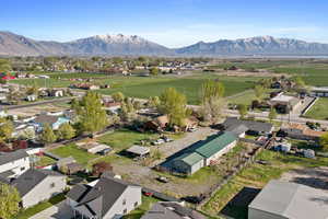 Aerial view of residential area with a mountain backdrop
