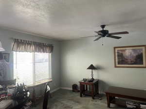Carpeted living room featuring a ceiling fan