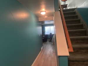 Basement staircase featuring wood finished floors