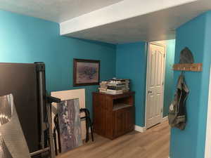 Basement featuring light wood-style flooring