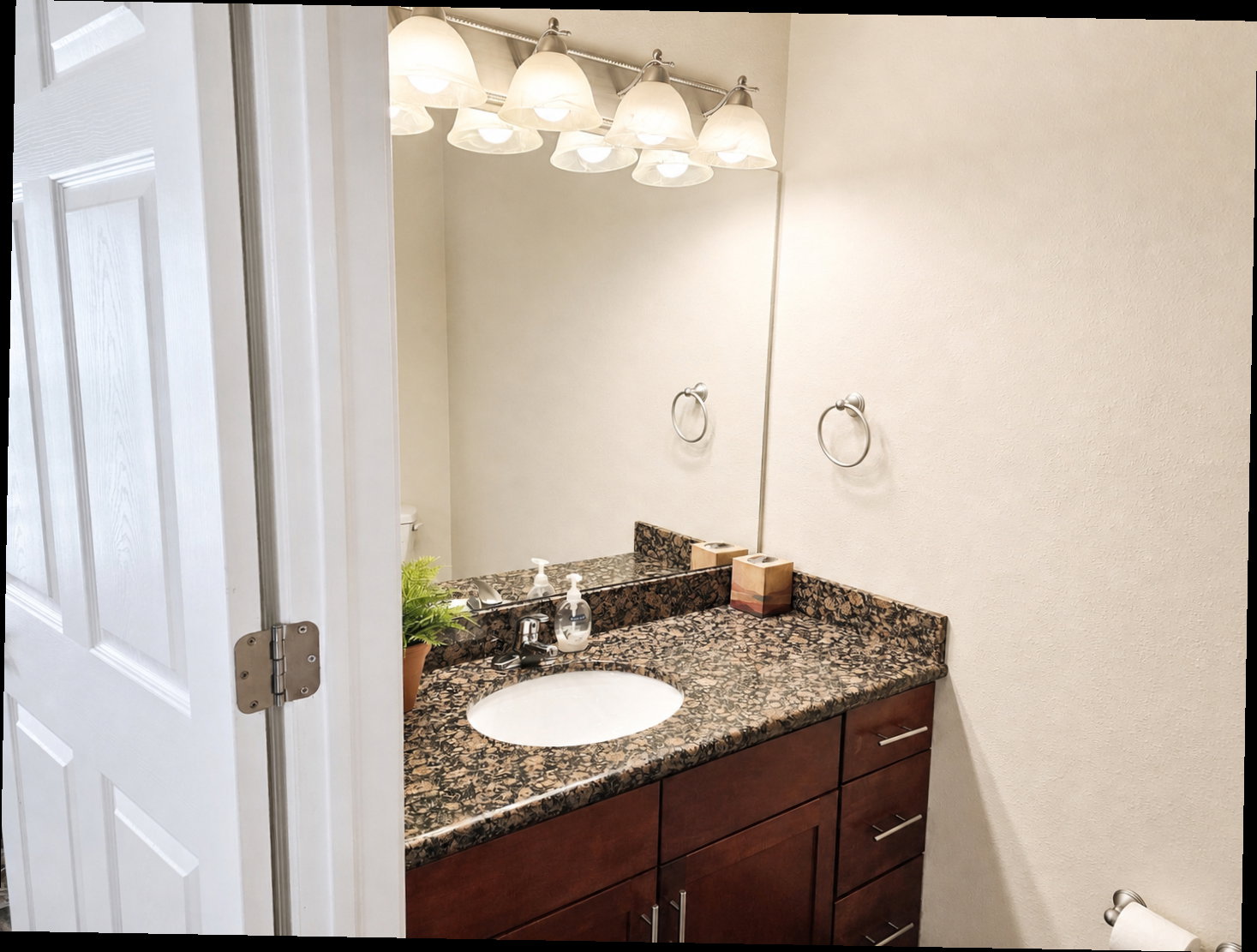 Half bathroom featuring granite counter top vanity, toilet and storage