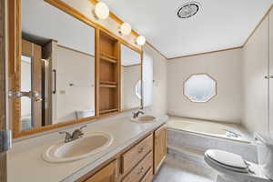 Full bathroom with double sinks, large vanity, soaking tub, and separate shower.