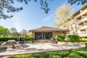 Back of property with a patio, a chimney, and roof with shingles