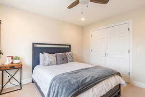 Bedroom 2 featuring carpet, a closet, recessed lighting, and a ceiling fan