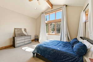 Bedroom featuring beam ceiling, carpet flooring, a ceiling fan, and recessed lighting
