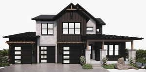 View of front of house featuring a standing seam roof, board and batten siding, stone siding, and driveway