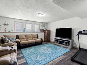 Living room featuring a textured ceiling and dark wood-style flooring