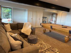Rec room with billiards, carpet flooring, and beam ceiling