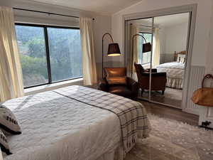 Bedroom with a wainscoted wall, vaulted ceiling, a closet, ornamental molding, and dark wood-style flooring