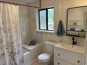 Full bath with vanity, wood walls, and shower / bath combo with shower curtain