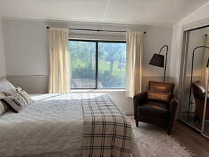 Bedroom with a wainscoted wall, crown molding, vaulted ceiling, and a closet