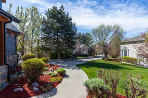 View of green lawn with a residential view