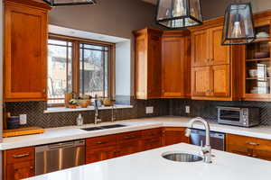 Kitchen featuring stainless steel dishwasher, wood finish cabinetry, and pendant lighting