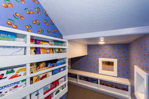 Interior space featuring wallpapered walls, a textured ceiling, and dark colored carpet