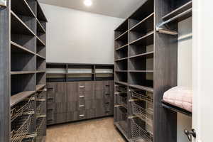 Walk in closet with light carpet
