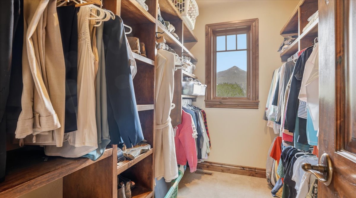 Walk in closet featuring light carpet