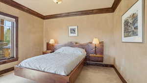 Carpeted bedroom featuring ornamental molding and baseboards