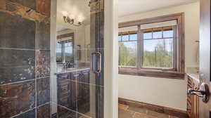 Full bathroom with vanity and a stall shower