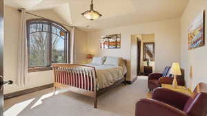 Bedroom featuring light colored carpet and vaulted ceiling