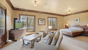 Bedroom with light colored carpet, multiple windows, and crown molding