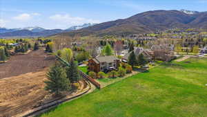 Aerial perspective of suburban area featuring a mountain backdrop