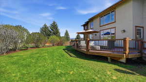 View of green lawn with a deck
