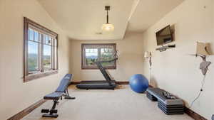 Workout room with carpet flooring and baseboards